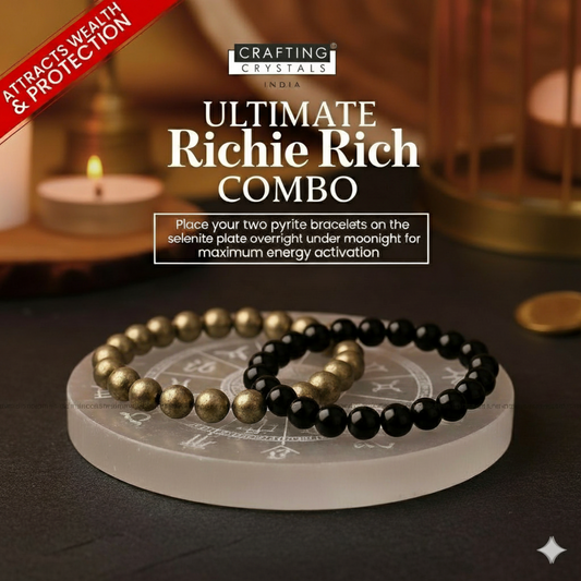 Richie Rich Combo (Pyrite bracelet + Black Obsidian Bracelet + selenite plate)